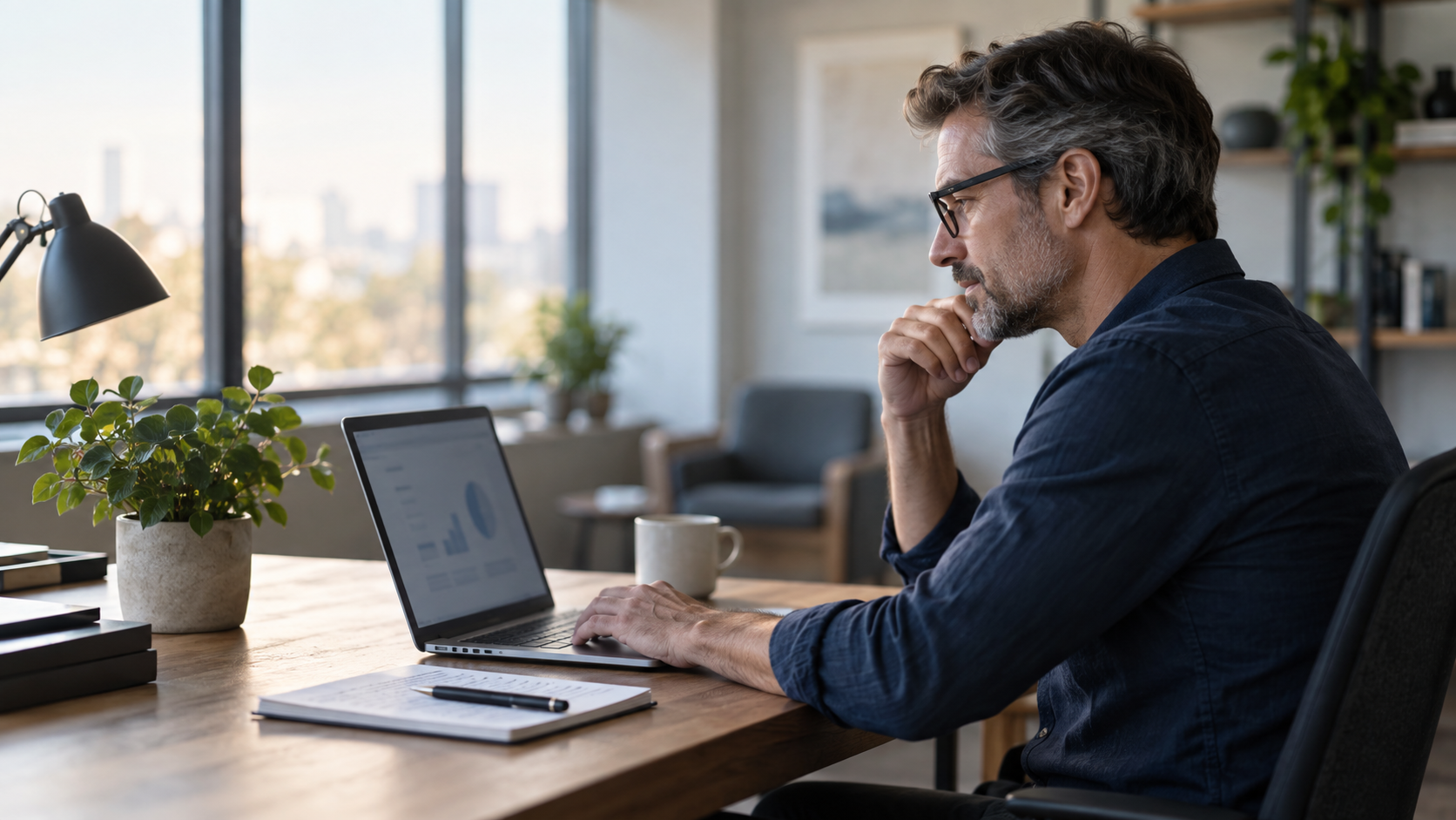 Руководитель за ноутбуком обдумывает рабочее решение в B2B-продукте