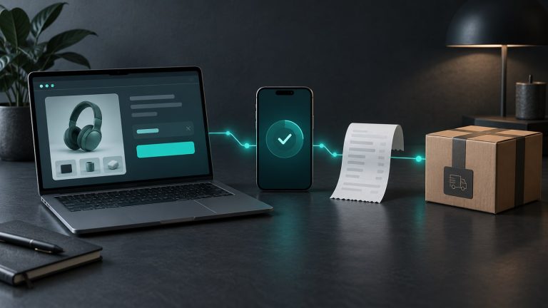 Ноутбук с заказом, смартфон с подтверждением оплаты, кассовый чек и посылка, соединённые линией данных.