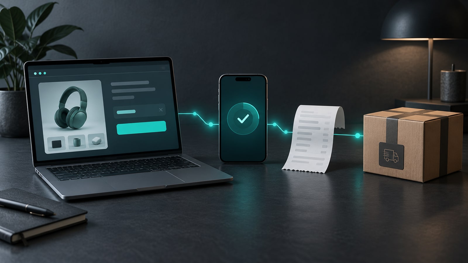 Ноутбук с заказом, смартфон с подтверждением оплаты, кассовый чек и посылка, соединённые линией данных.