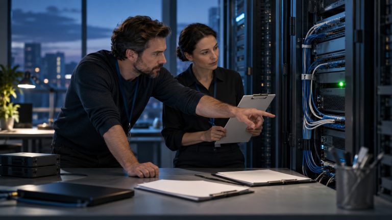 IT-специалисты проверяют восстановление бизнес-системы в серверной